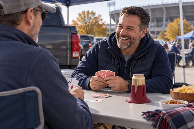 A can in Cherry Steadi beside a seated guest playing cards before the game. AI lifestyle illustration.