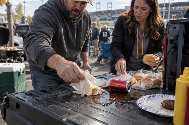 Passing food catches soda on lowered tailgate; napkins and burger buns get wet. AI illustration.